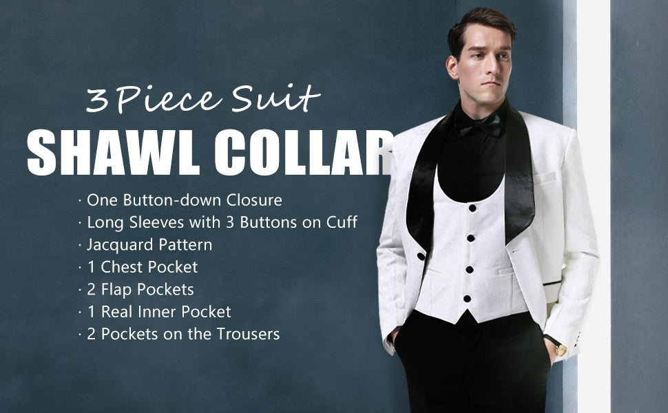 Mens Embossed Floral 3 Piece Suit Slim Fit Jacquard Tuxedo Jacket One Button Paisley Shawl Lapel Suit Blazer Jacket Vest & Trousers for Dinner,Prom,Wedding