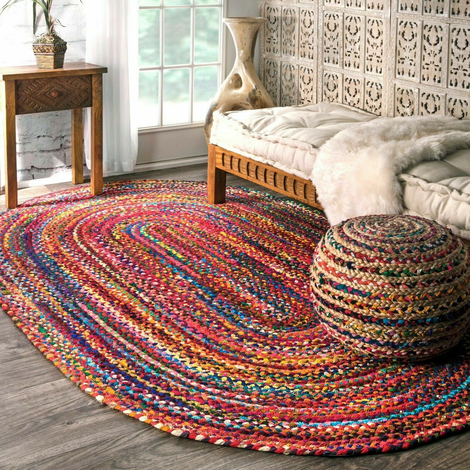 HAND MADE BOHEMIAN BRAIDED COTTON AREA RUG IN MULTI-COLOR CHINDI