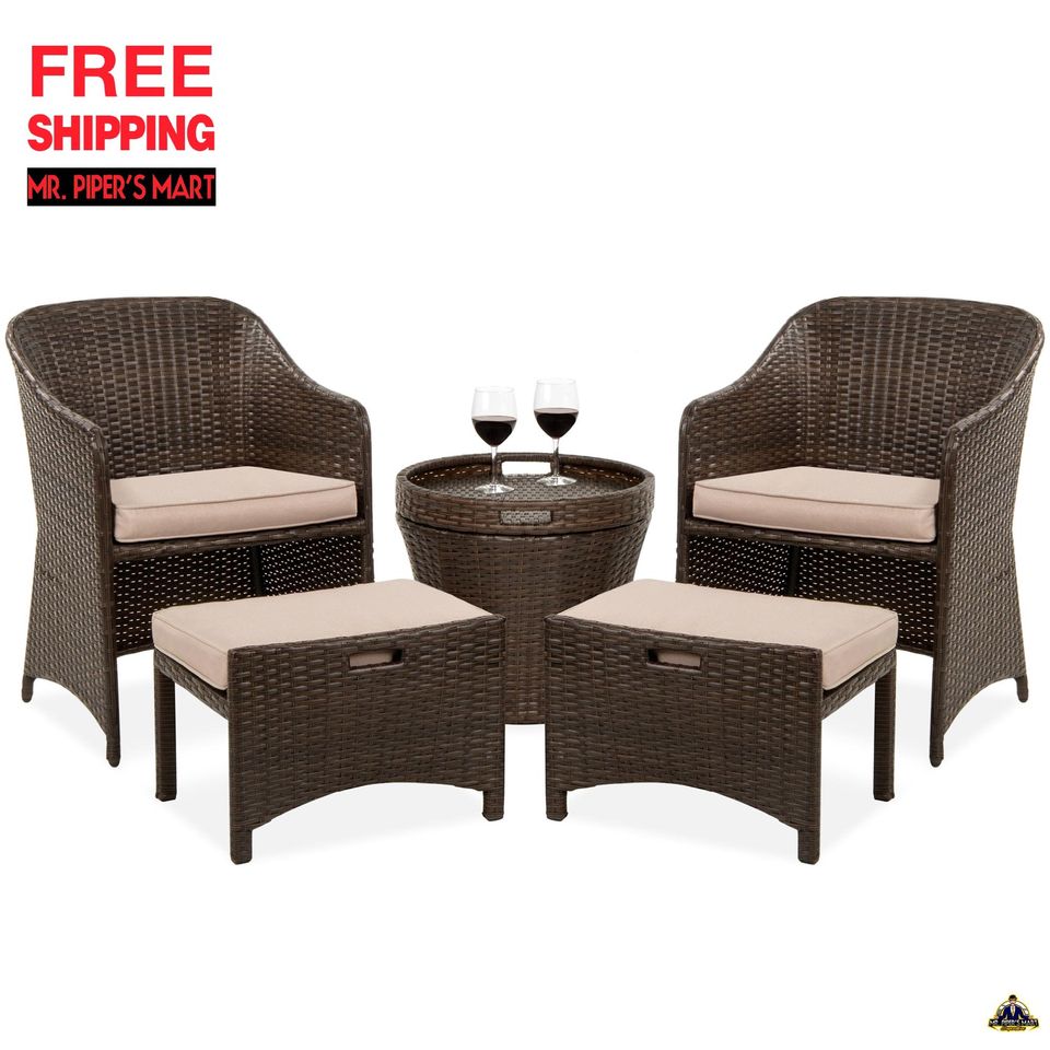 Outdoor Wicker Patio Bistro Furniture Set w/ Storage Table, No Assembly - Brown 5-Piece