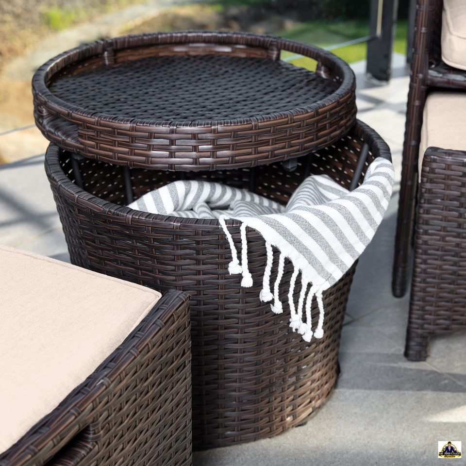 Outdoor Wicker Patio Bistro Furniture Set w/ Storage Table, No Assembly - Brown 5-Piece