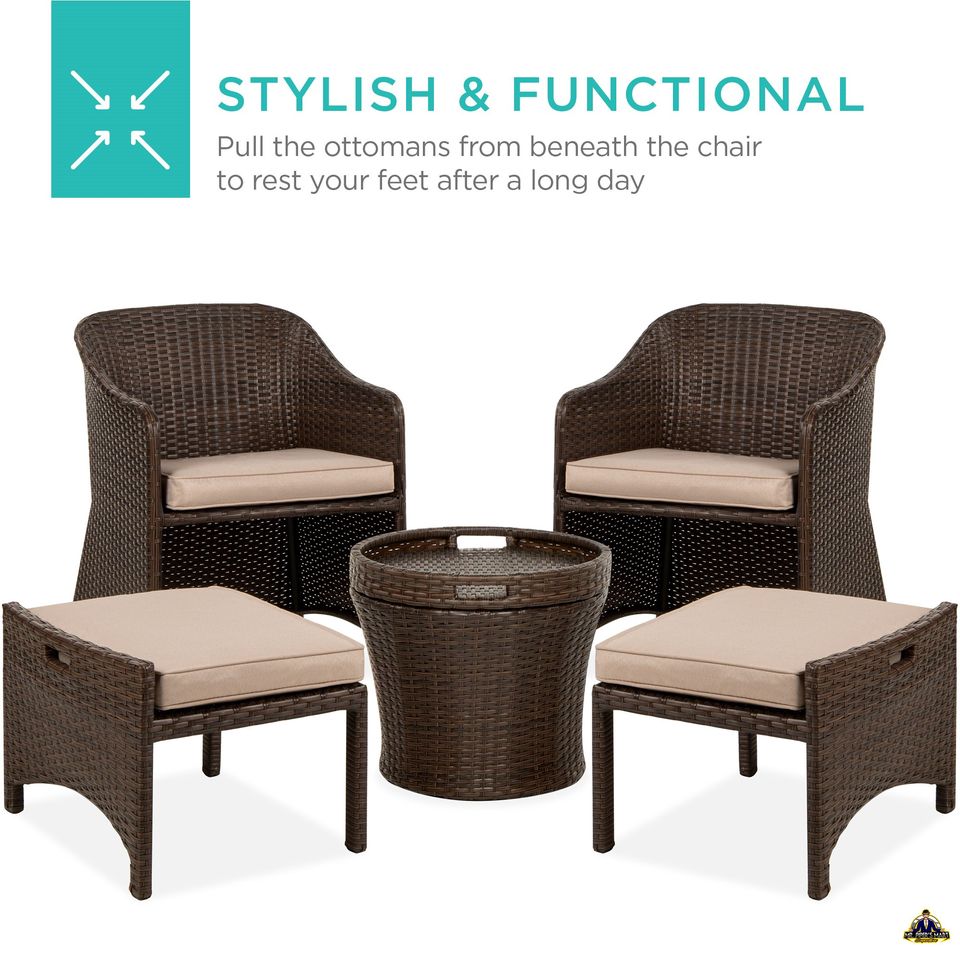 Outdoor Wicker Patio Bistro Furniture Set w/ Storage Table, No Assembly - Brown 5-Piece