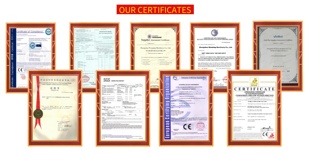 Certificaciones de maquinaria wenming de zhengzhou