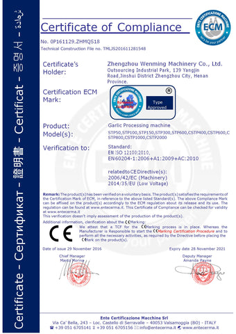 Certificación CE de maquinaria de Zhengzhou Wenming