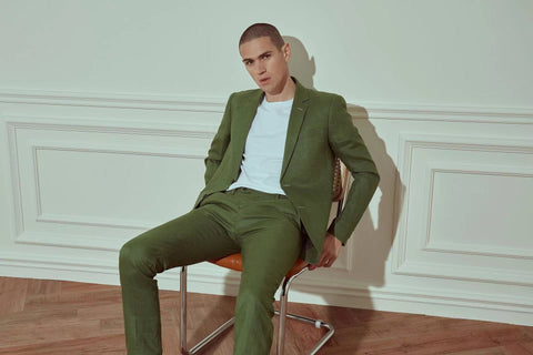 1PA1 Men's Green Linen Suits Two-Button Plaid Blazer Suits