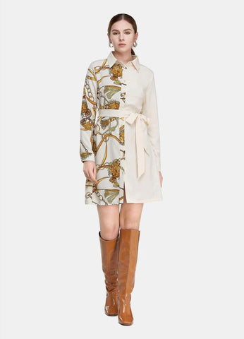 MECALA Women's Shirt Dress Button Down Blouse Dress Belt Baroque Printed