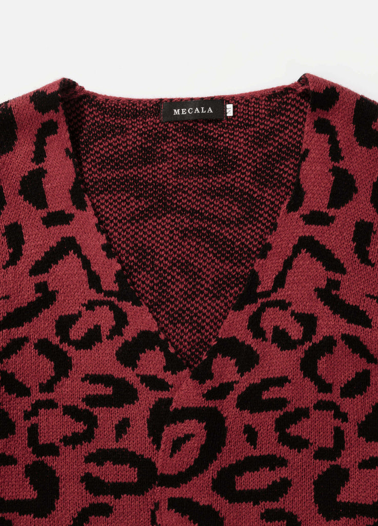 MECALA Women's Leopard Print Drop Shoulder Open Front Long Red Cardigan