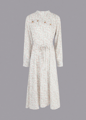 MECALA Women's Fall Tiny Floral Print Dress Long Sleeve Belted Midi Dress