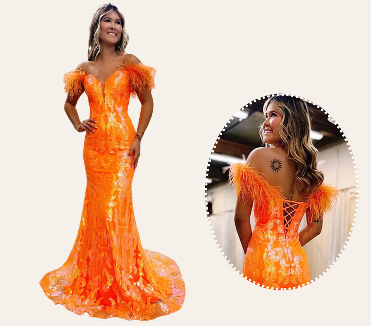 Mermaid Off the Shoulder Orange Long Prom Dress with Feathers