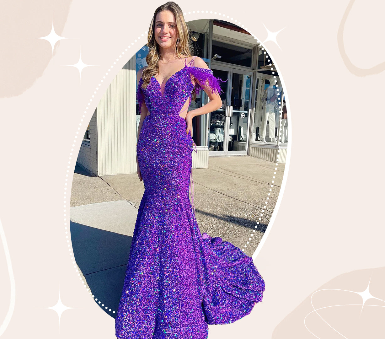 Mermaid Off the Shoulder Purple Sequins Cut Out Prom Dress with Feathers