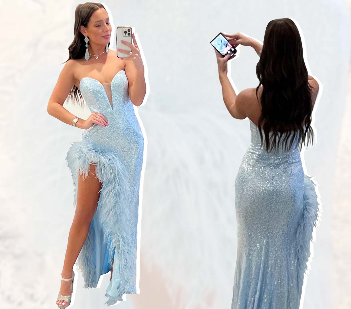 Sheath Sweetheart Light Blue Sequins Long Prom Dress with Feather