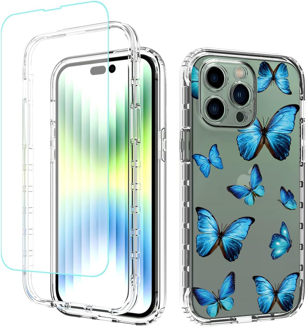 IPhone 14 Pro Case Designed by Sidande - Clear with Blue Butterflies W/ Screen Protector