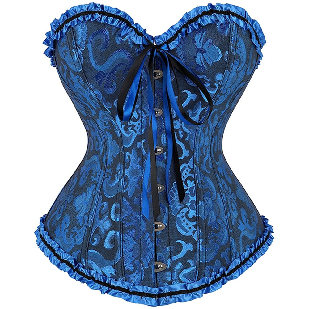 Gothic Vampire Corset Bustier Floral Satin Blue