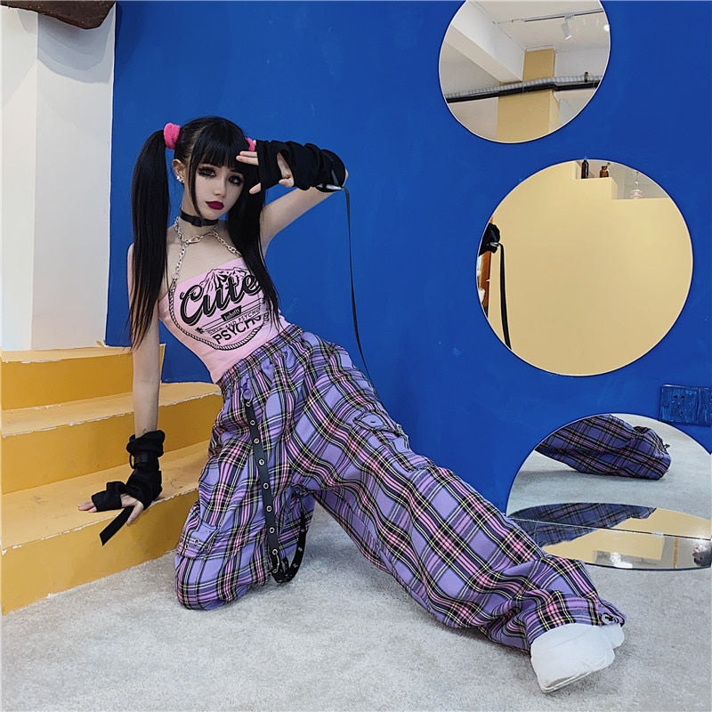 Y2K Egirl Punk Cargo Pants Purple Plaid