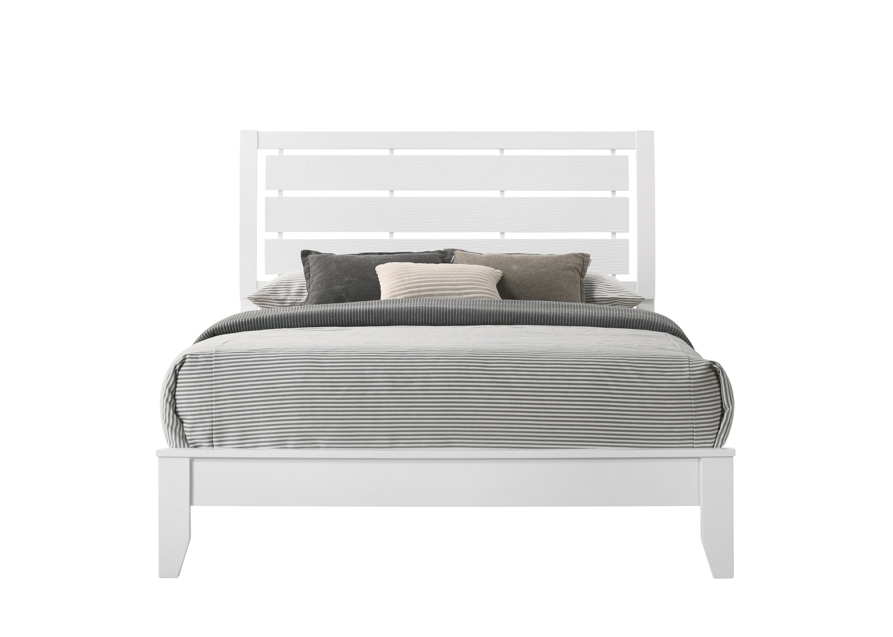 Queen Size White Panel Bed with Geometric Design and Curved Headboard by Lissie Lou