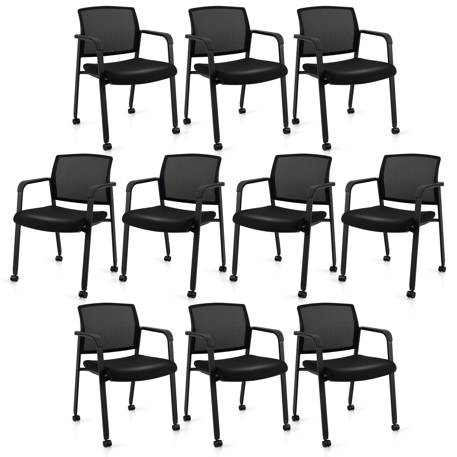 Tangkula Rolling Conference Room Chairs, Stackable Office Guest Mesh Chairs with Armrests and Wheels