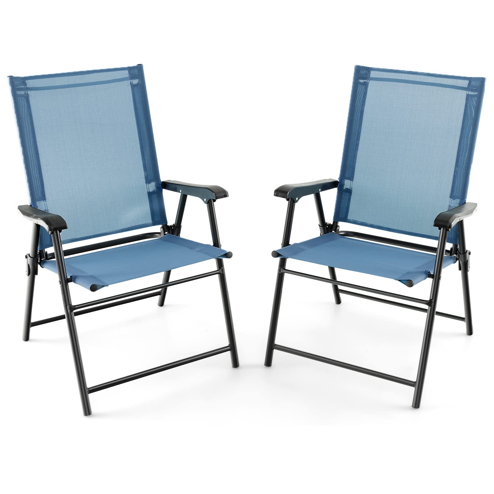 Tangkula Set of 2 Patio Folding Chairs, Portable Sling Back Chairs with Armrests and Metal Frame