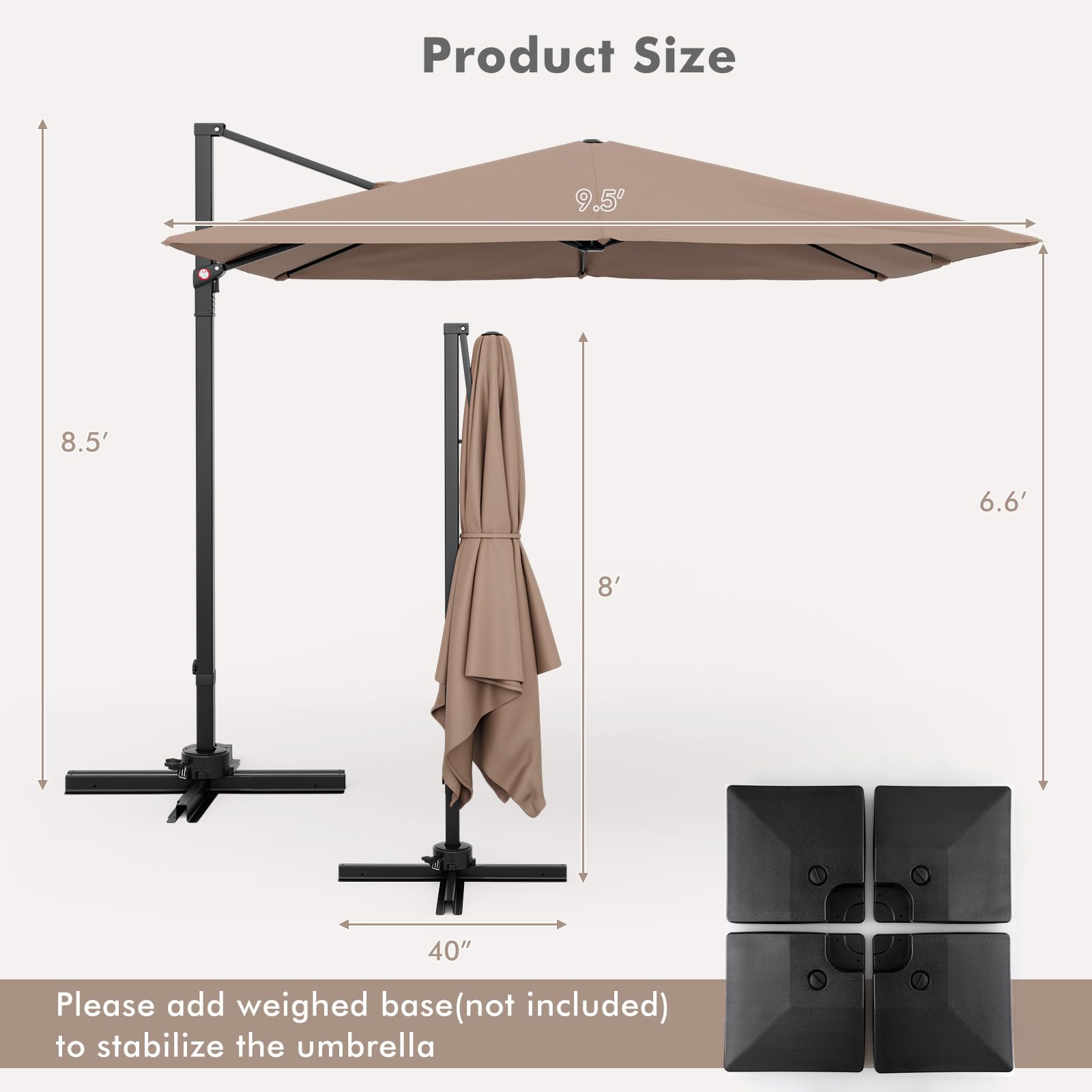 TANGKULA 9.5 FT Cantilever Patio Umbrella, Outdoor Square Offset Umbrella with 360-degree Rotation