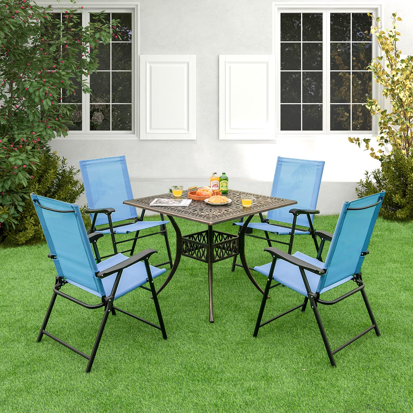 Tangkula Set of 2 Patio Folding Chairs, Portable Sling Back Chairs with Armrests and Metal Frame