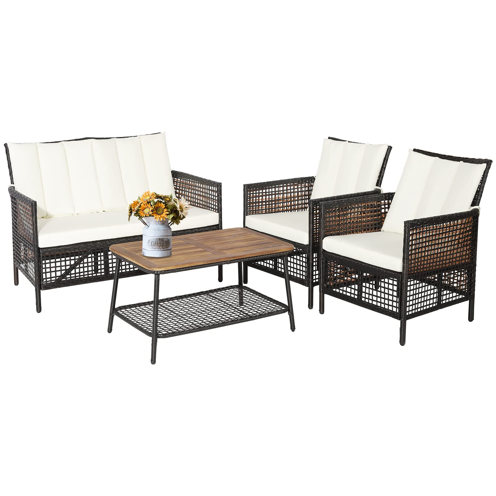 Tangkula Outdoor PE Wicker Conversation Set with 2-Tier Coffee Table