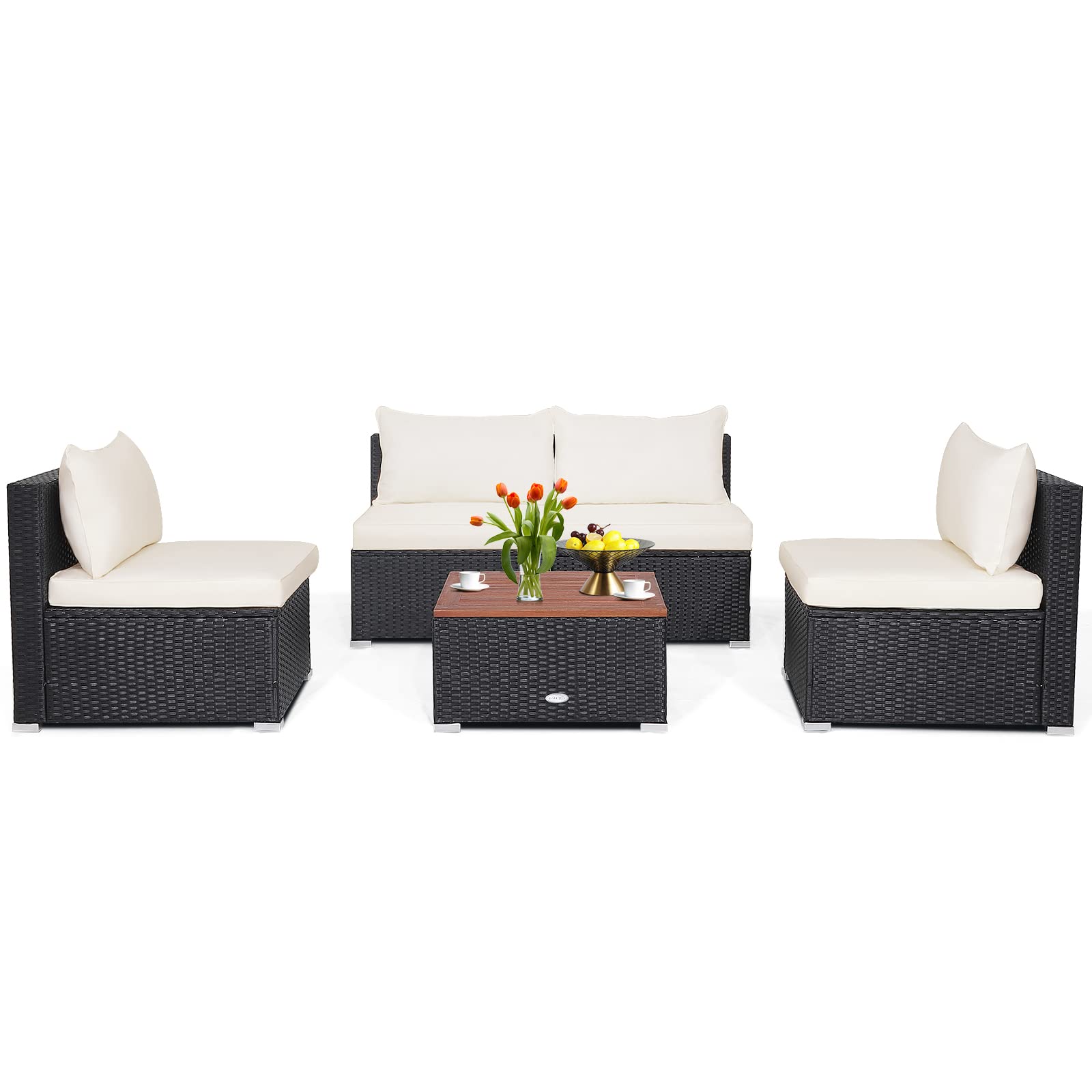 Tangkula 5-Piece Outdoor Patio Furniture Set, Patiojoy PE Wicker Conversation Set with Cushions and Coffee Table