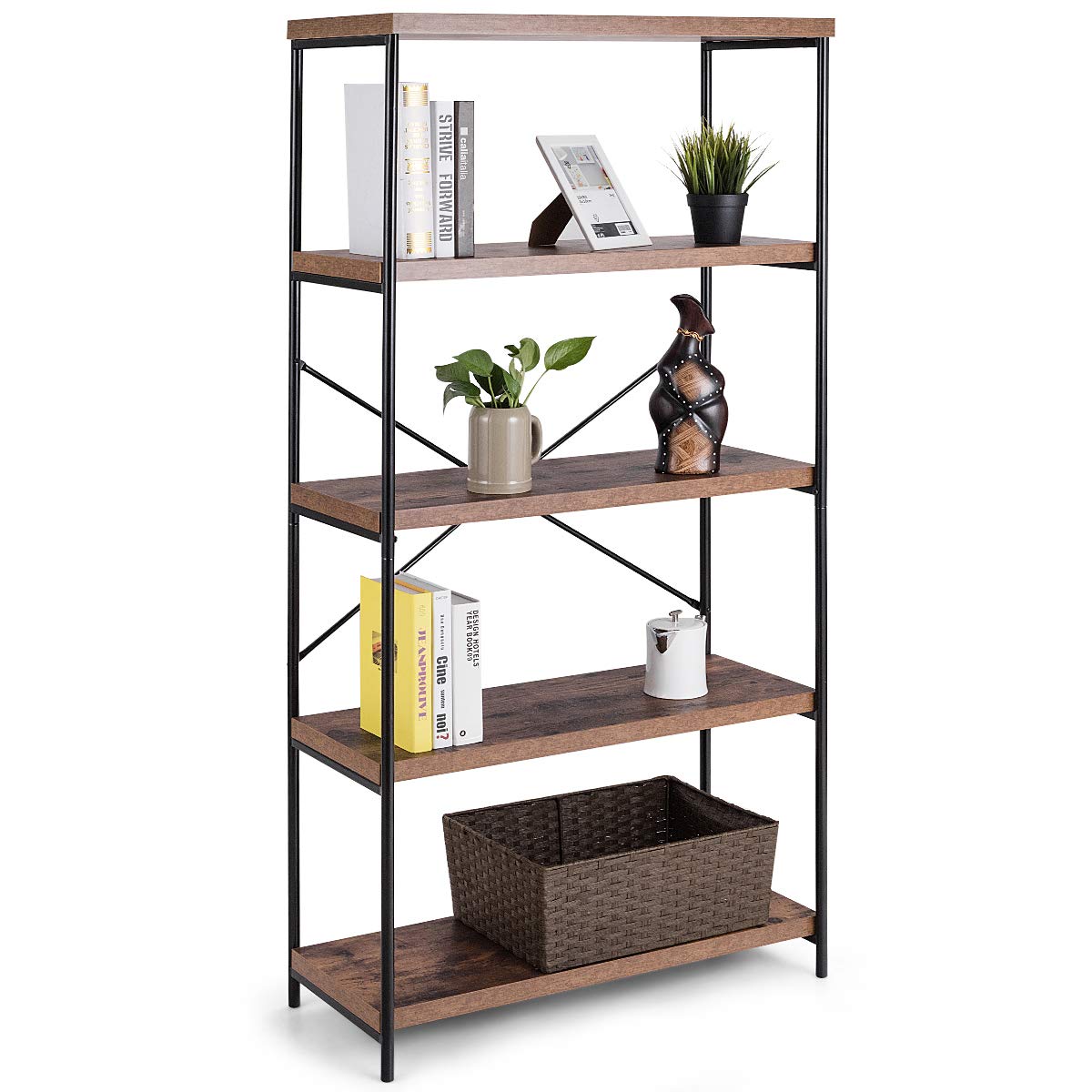 Tangkula 5-Tier Bookcase, Rustic Industrial Bookshelf