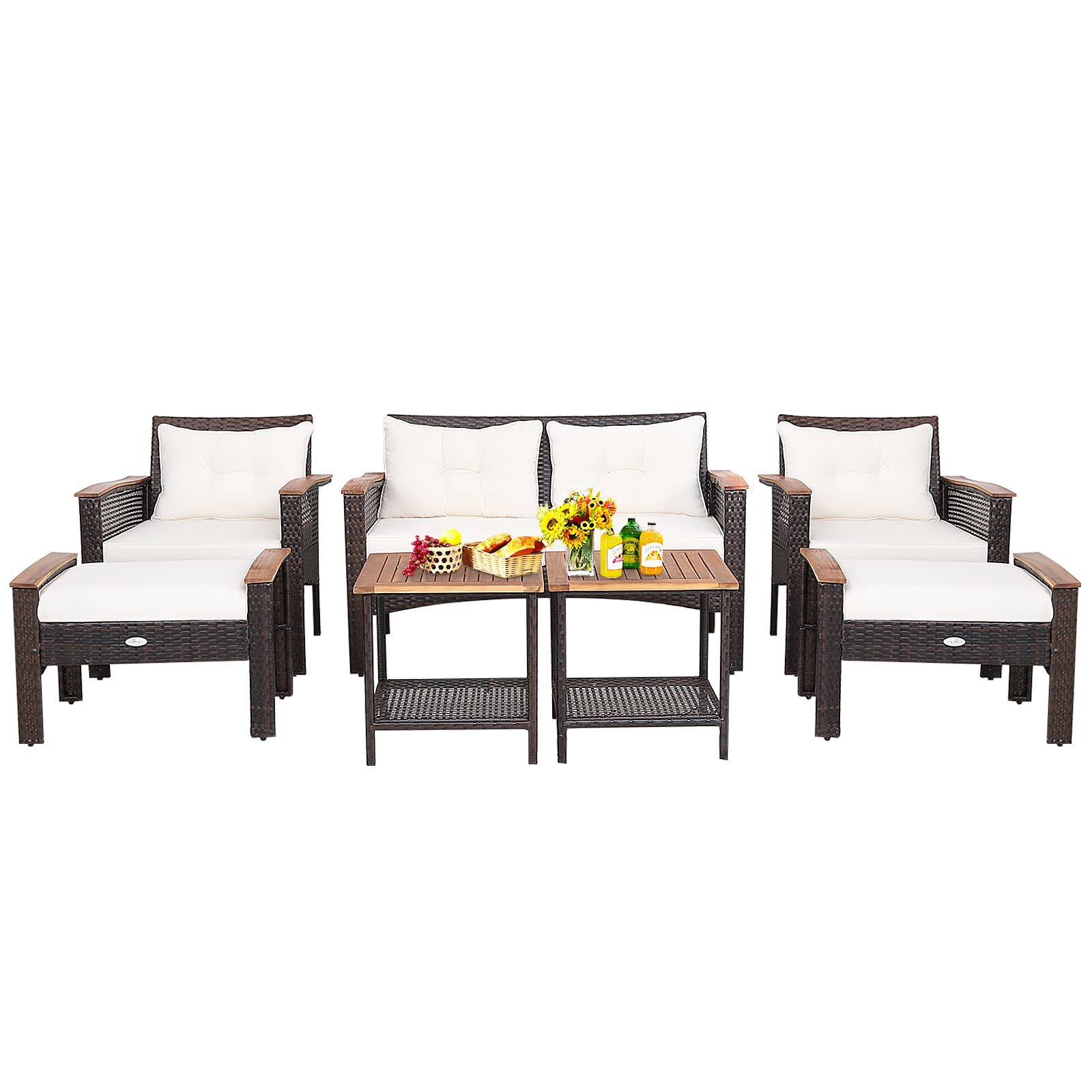 Tangkula 7 Piece Wicker Patio Furniture Set, Patiojoy Acacia Wood Patio Conversation Set (Off White)