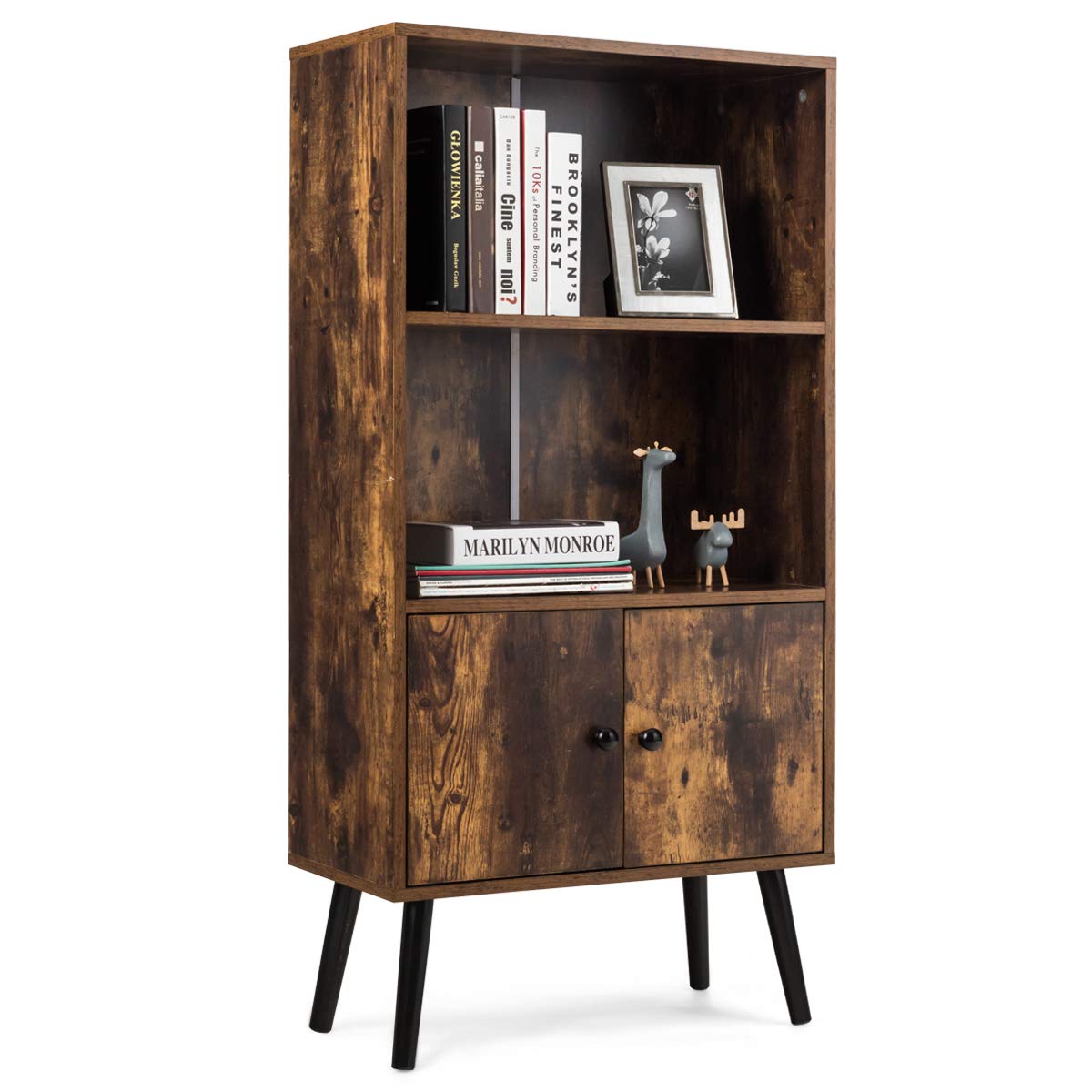 Tangkula Retro Bookcase, Industrial 2 Tier Bookshelf with Doors & Solid Wood Legs(Rustic Brown)