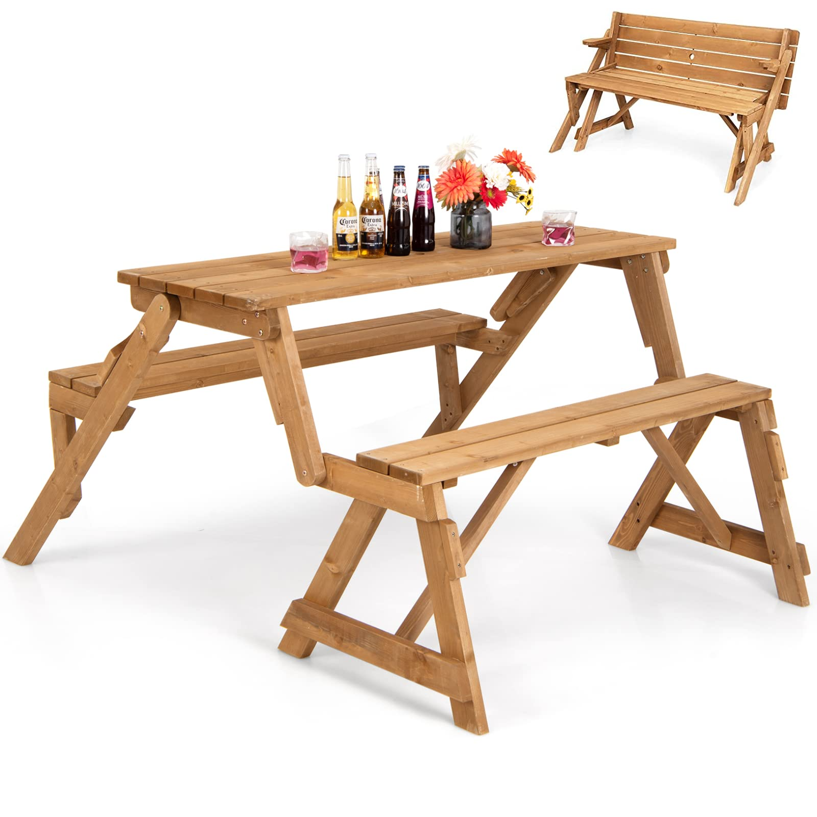 Tangkula 2-in-1 Convertible Wooden Picnic Table, Transforming Interchangeable Outdoor Bench Table with Umbrella Hole