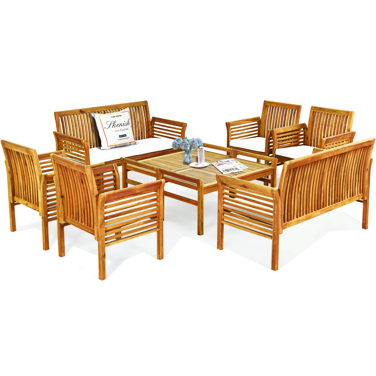 Tangkula 4 Piece Outdoor Acacia Wood Sofa Set, Padded Patio Conversation Table Chair Set