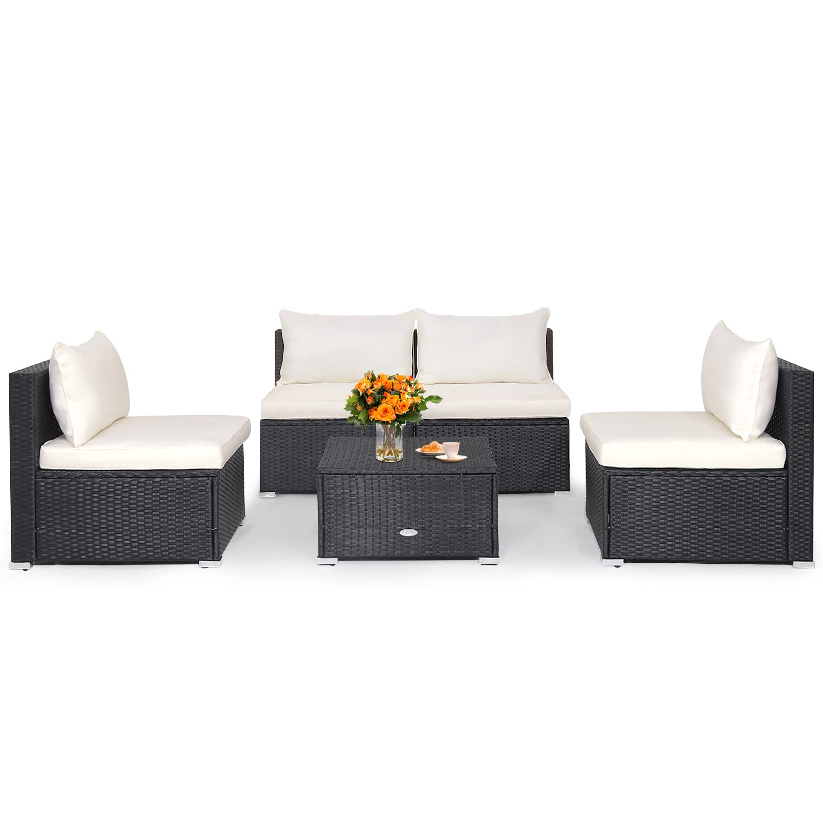 Tangkula 5-Piece Outdoor Patio Furniture Set, Patiojoy PE Wicker Conversation Set with Cushions and Coffee Table