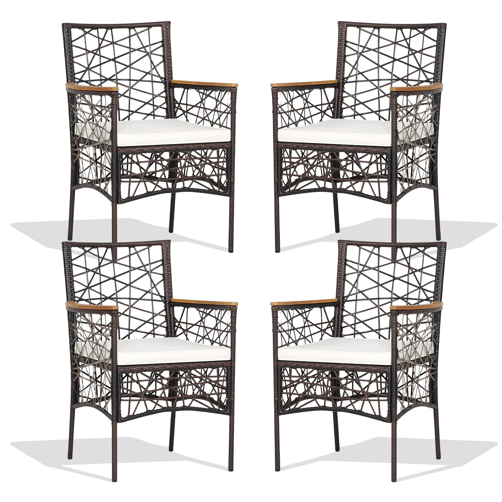 Tangkula Set of 2 Outdoor Dining Chairs, Patio Bistro Chairs with Acacia Wood Armrests and Soft Cushions