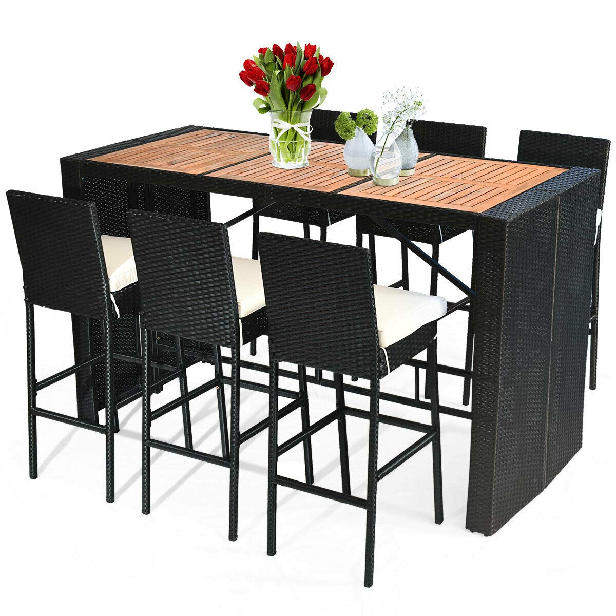 7 PCS Outdoor Dining Set, Patio Wicker Furniture Set with Acacia Wood Table Top and Removable Cushion
