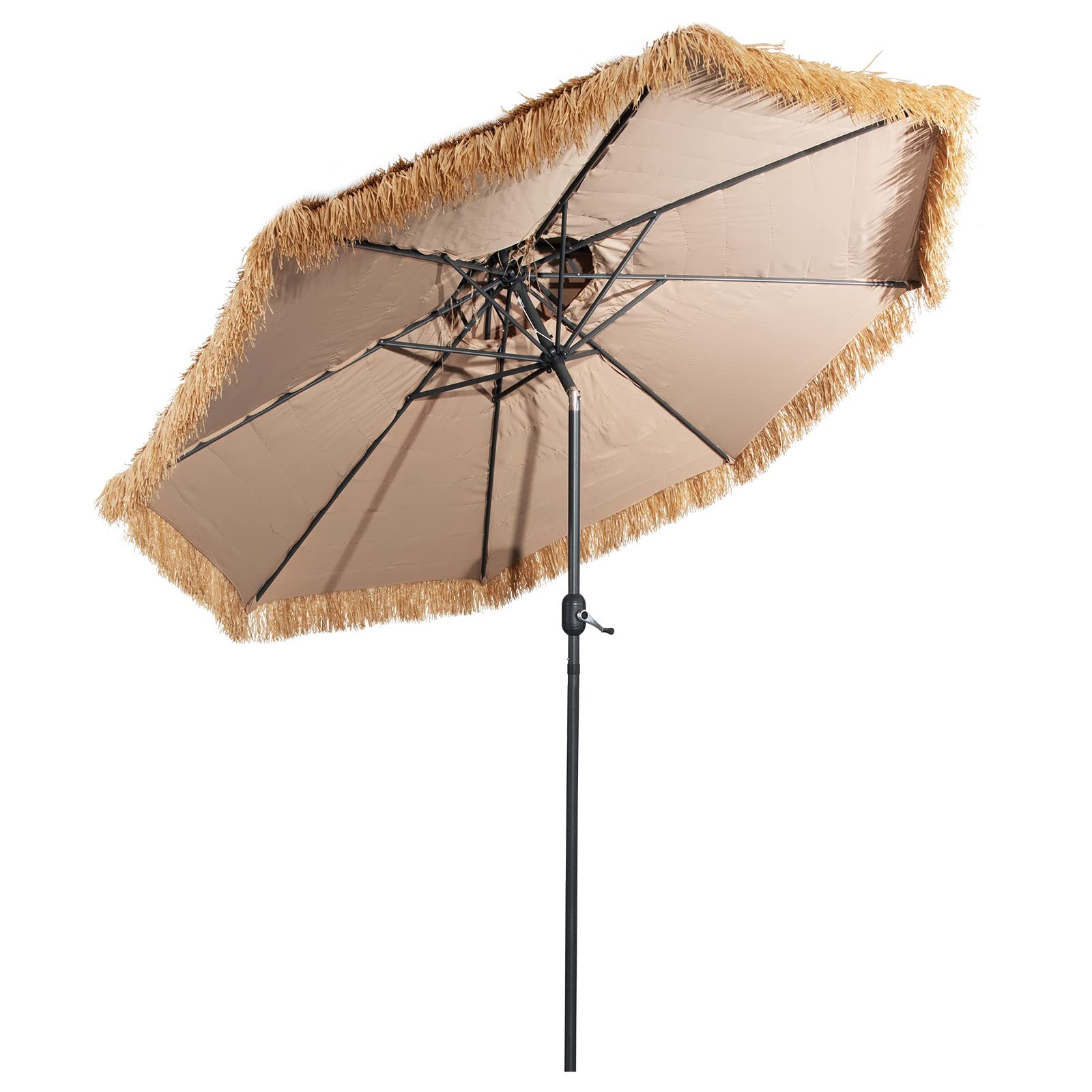 Tangkula 10 ft Thatched Patio Umbrella, 2 Tier Hawaiian Style Grass Beach Umbrella with 8 Ribs