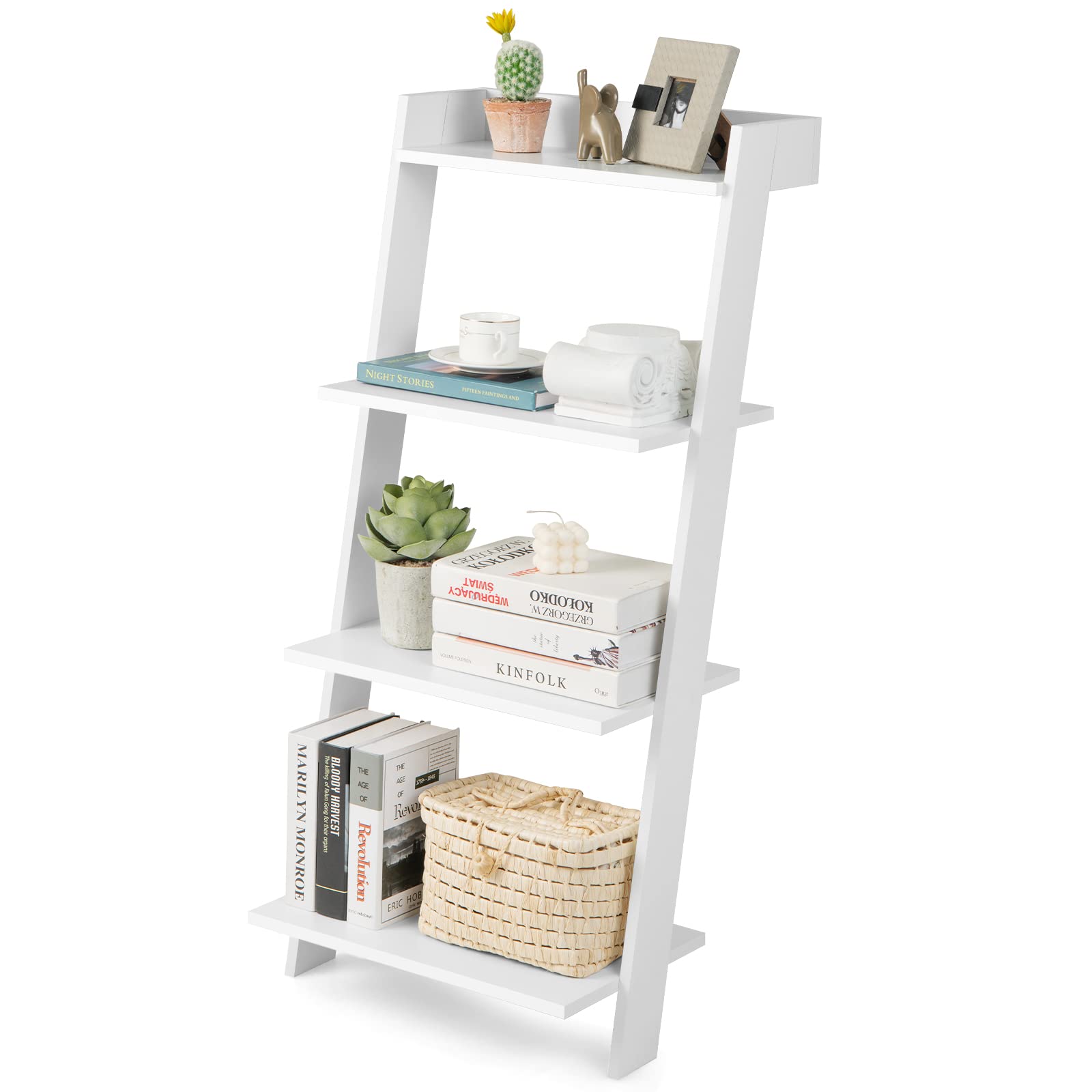 Tangkula 4 Tier Ladder Shelf, Leaning Bookshelf with Solid Wooden Frame