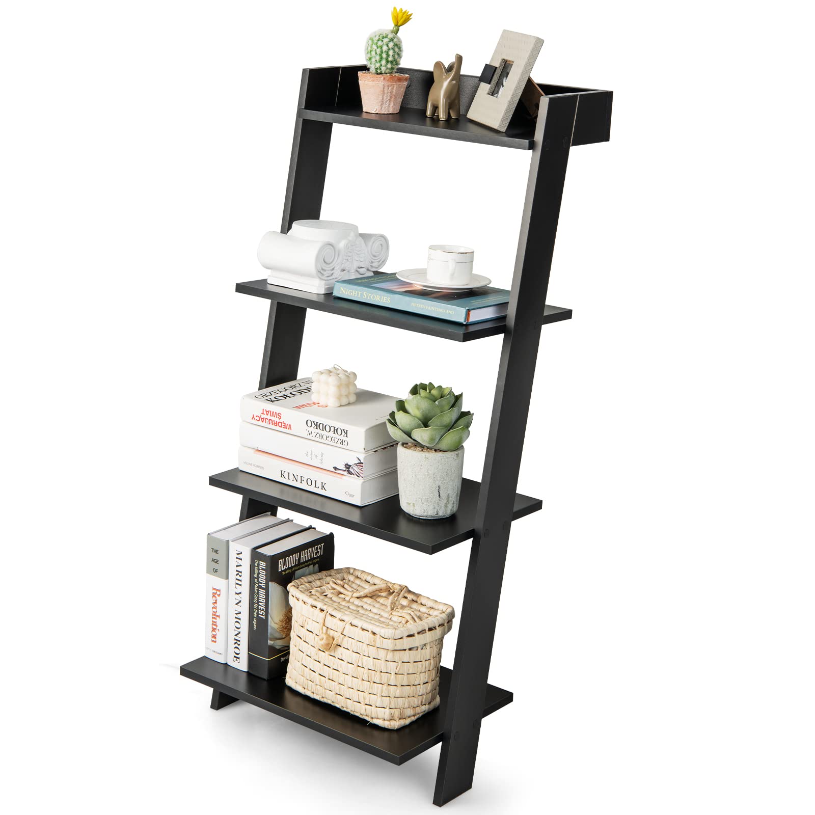 Tangkula 4 Tier Ladder Shelf, Leaning Bookshelf with Solid Wooden Frame