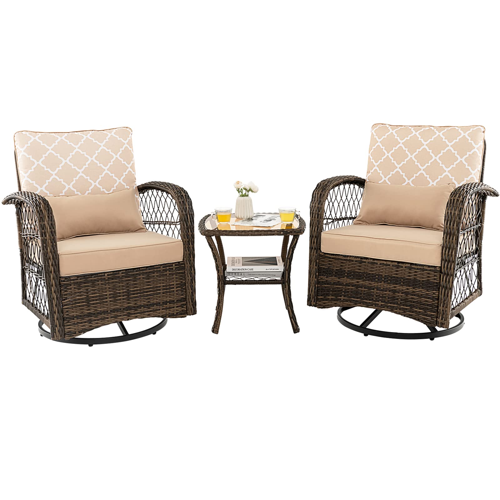 Tangkula 3-Piece Patio Swivel Rocker Set, Wicker Swivel Rocking Chairs