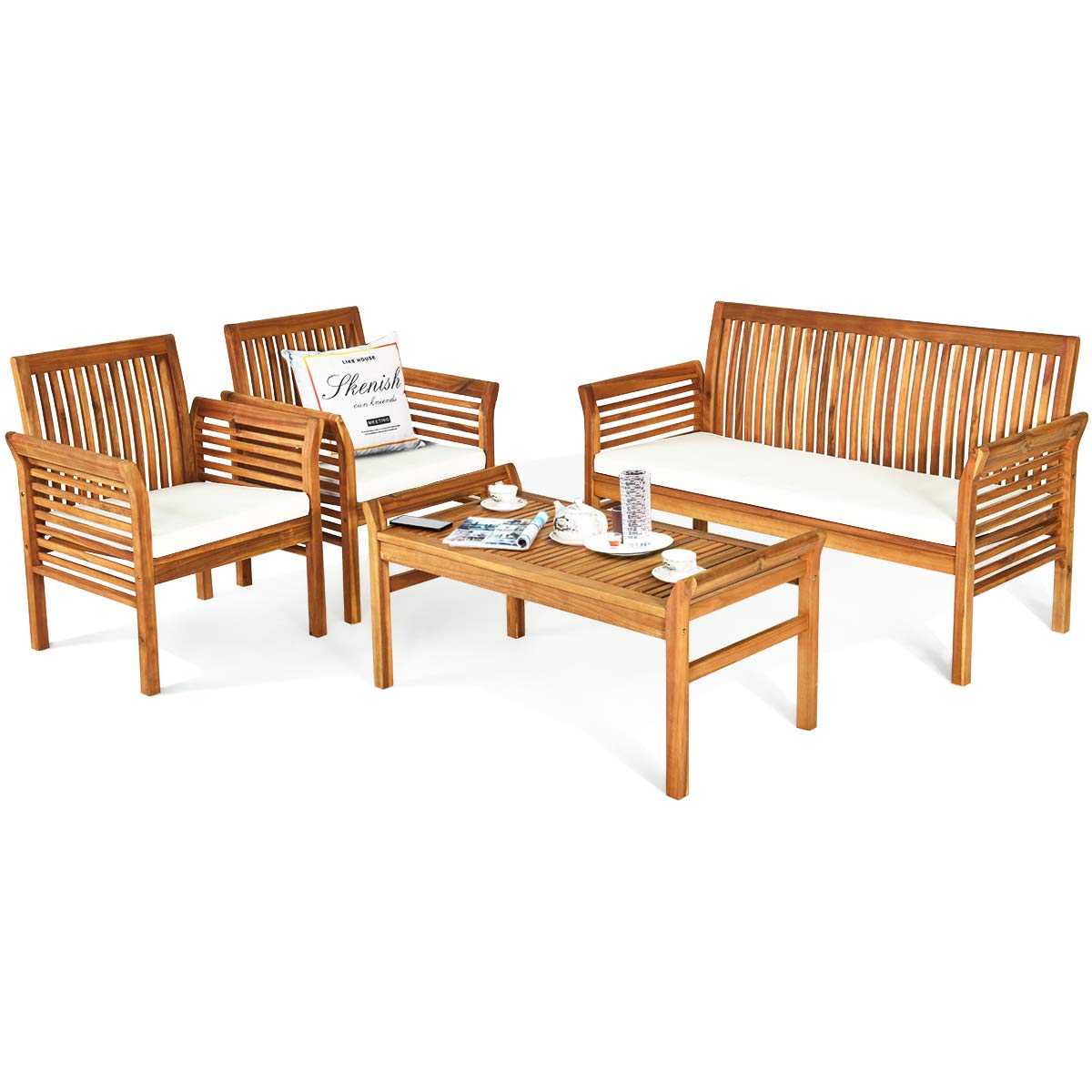 Tangkula 4 Piece Outdoor Acacia Wood Sofa Set, Padded Patio Conversation Table Chair Set