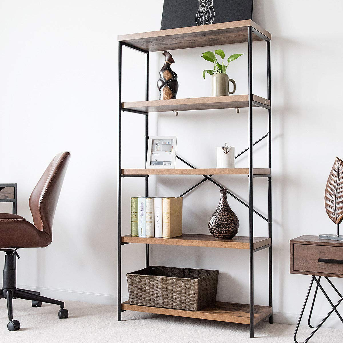 Tangkula 5-Tier Bookcase, Rustic Industrial Bookshelf