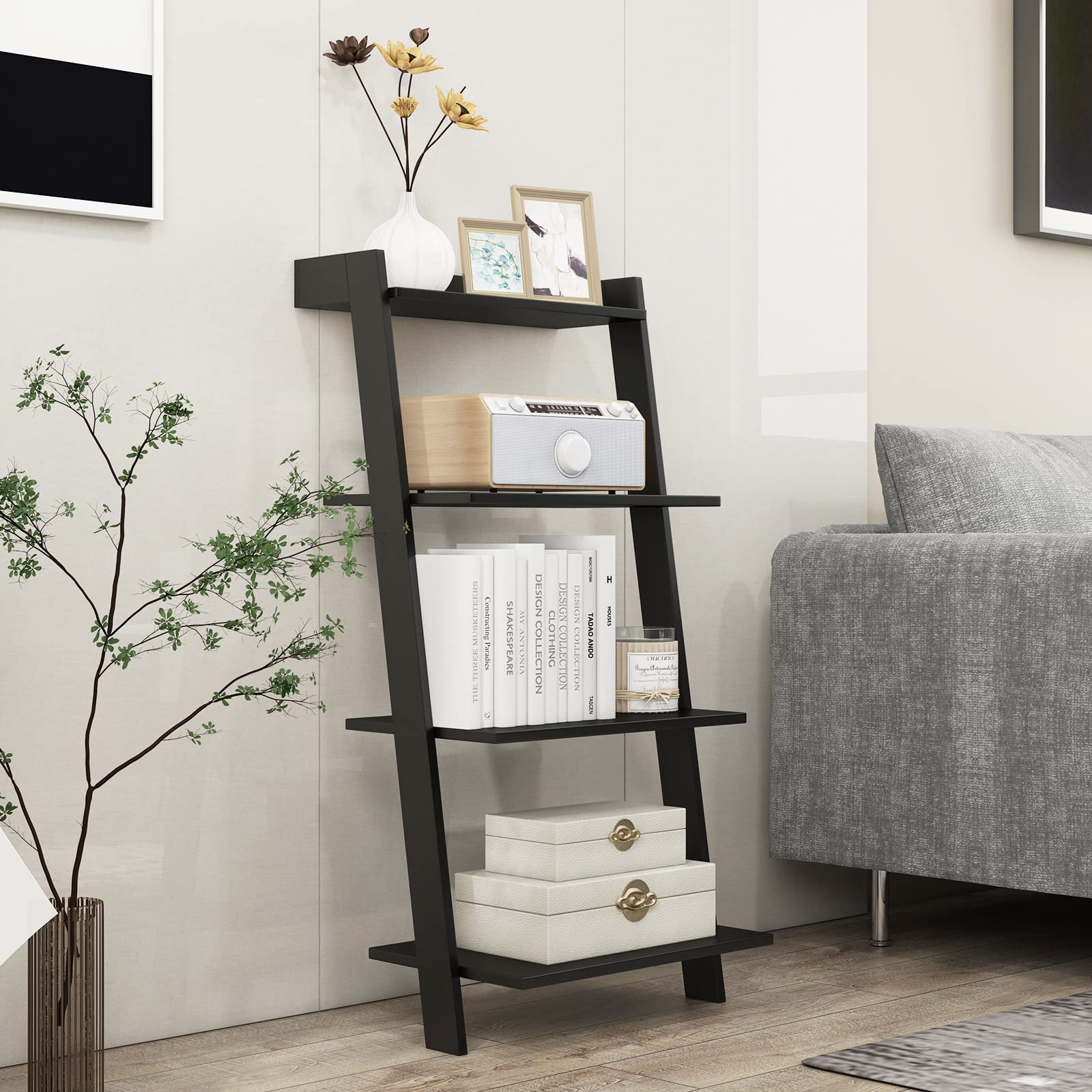 Tangkula 4 Tier Ladder Shelf, Leaning Bookshelf with Solid Wooden Frame