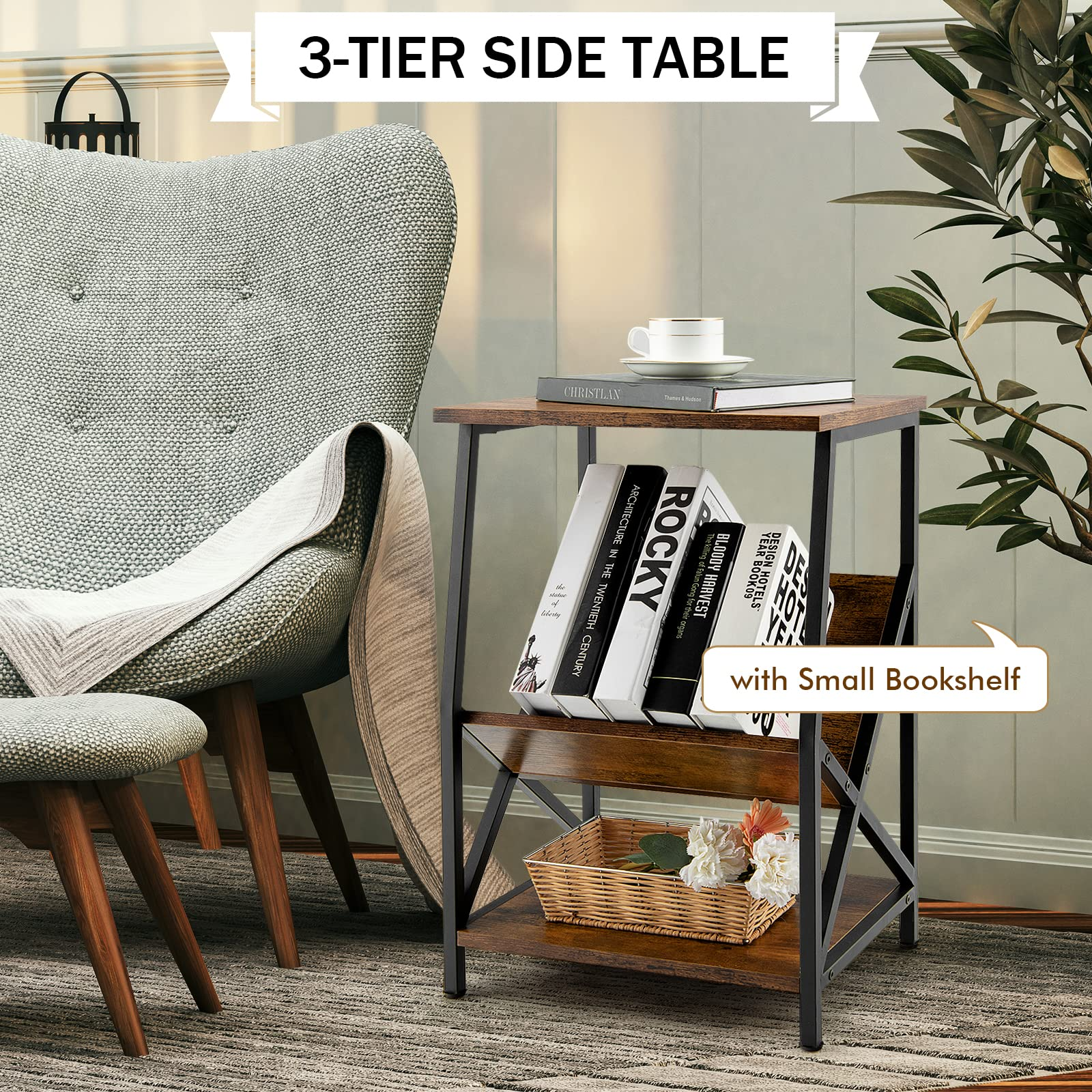 3-Tier Accent End Table with Book Record Shelve