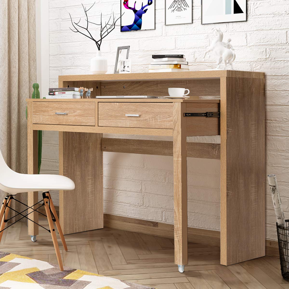 Extendable Computer Desk with 2 Drawers, Small Writing Desk with Pull Out Secondary Desk