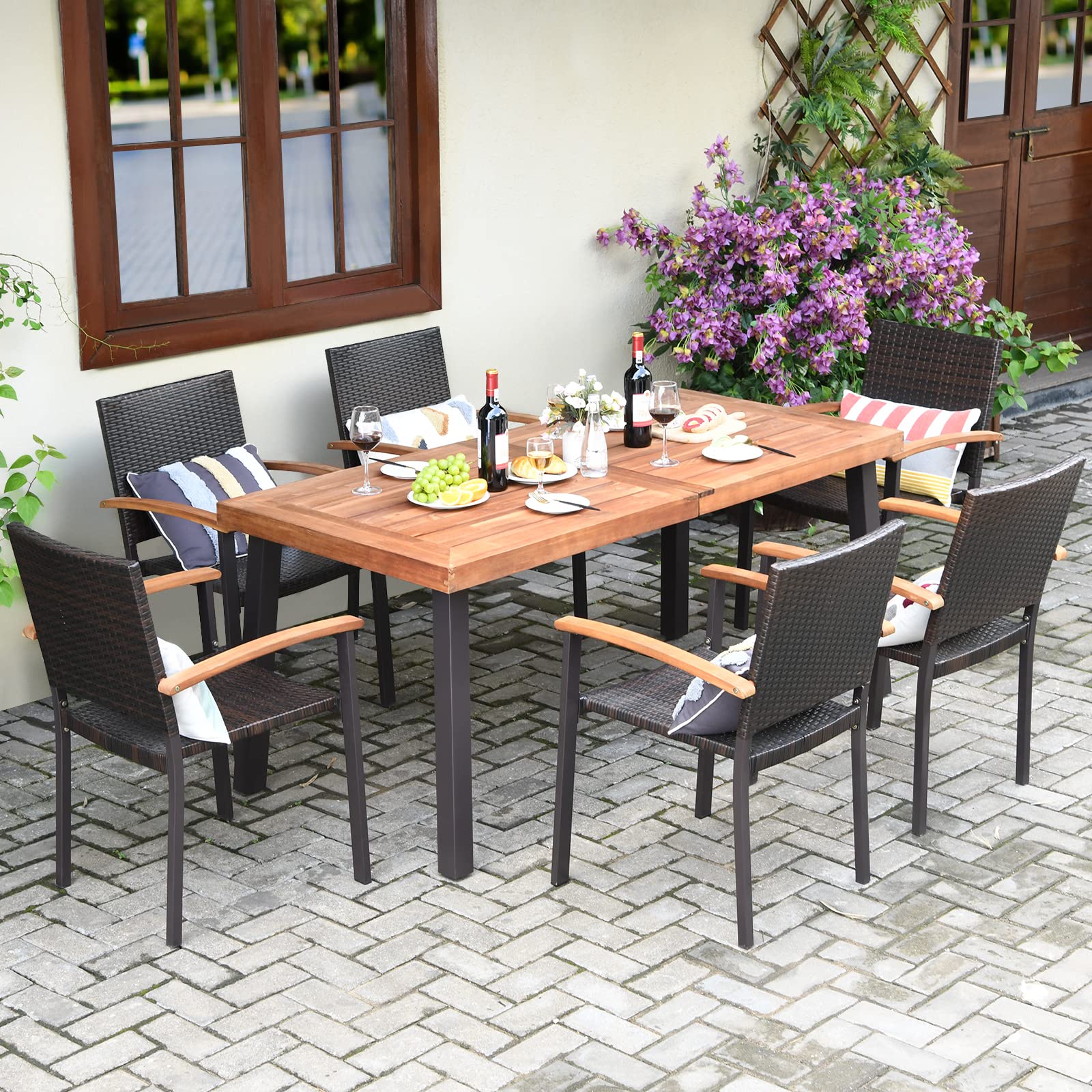 7-Piece Wicker Patio Dining Set, Patiojoy Outdoor Rattan Garden Yard Furniture Set