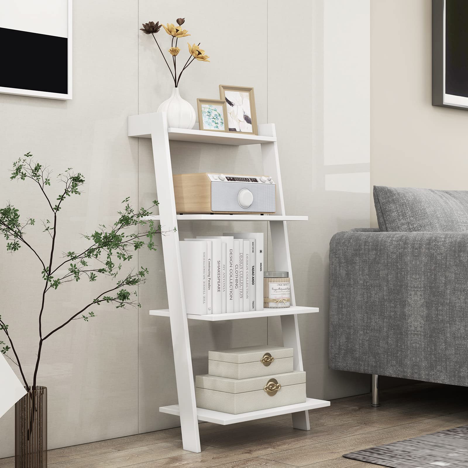 Tangkula 4 Tier Ladder Shelf, Leaning Bookshelf with Solid Wooden Frame