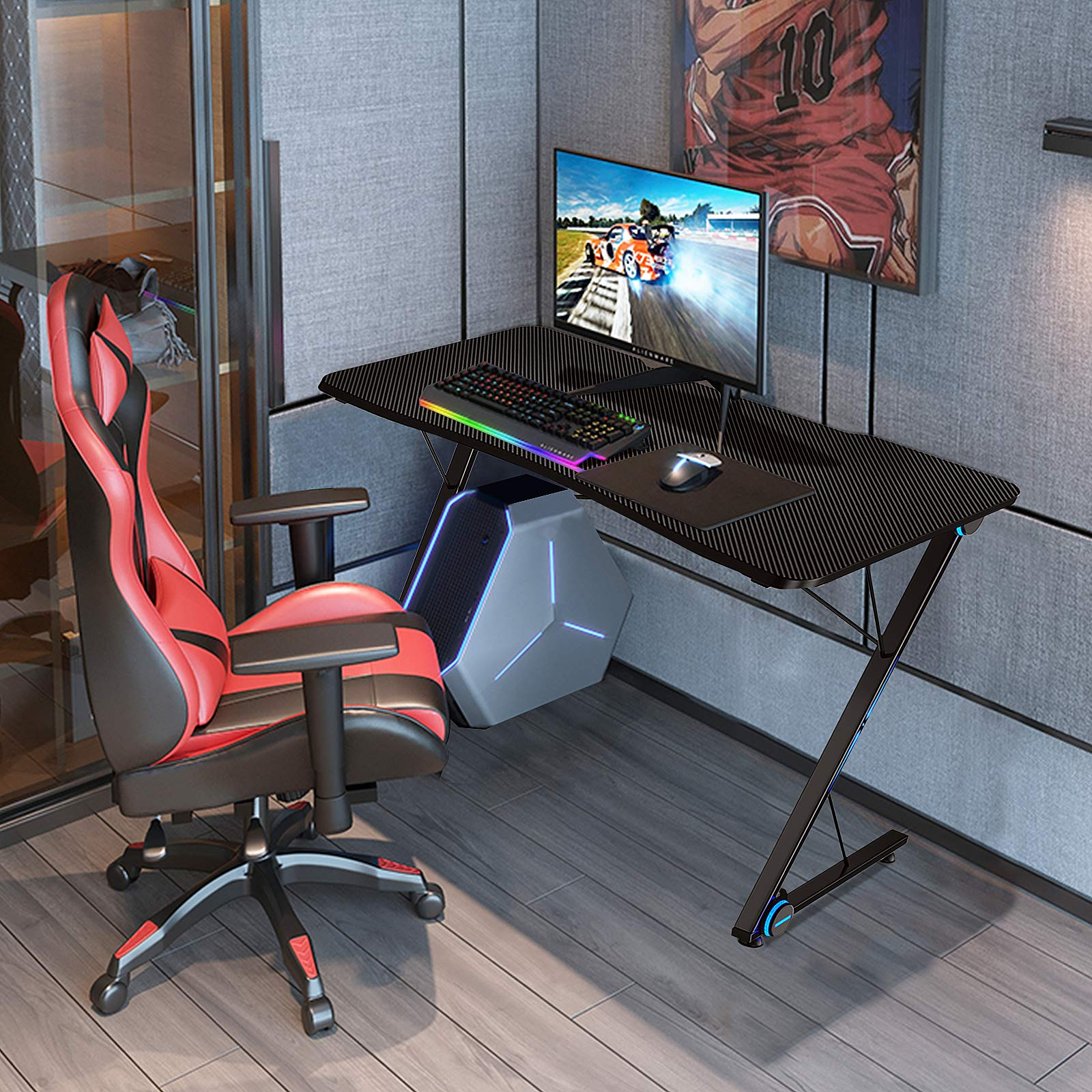 Tangkula Gaming Computer Desk, Z-Shaped Home Office Computer Table with LED Lights & Large Carbon Fiber Surface