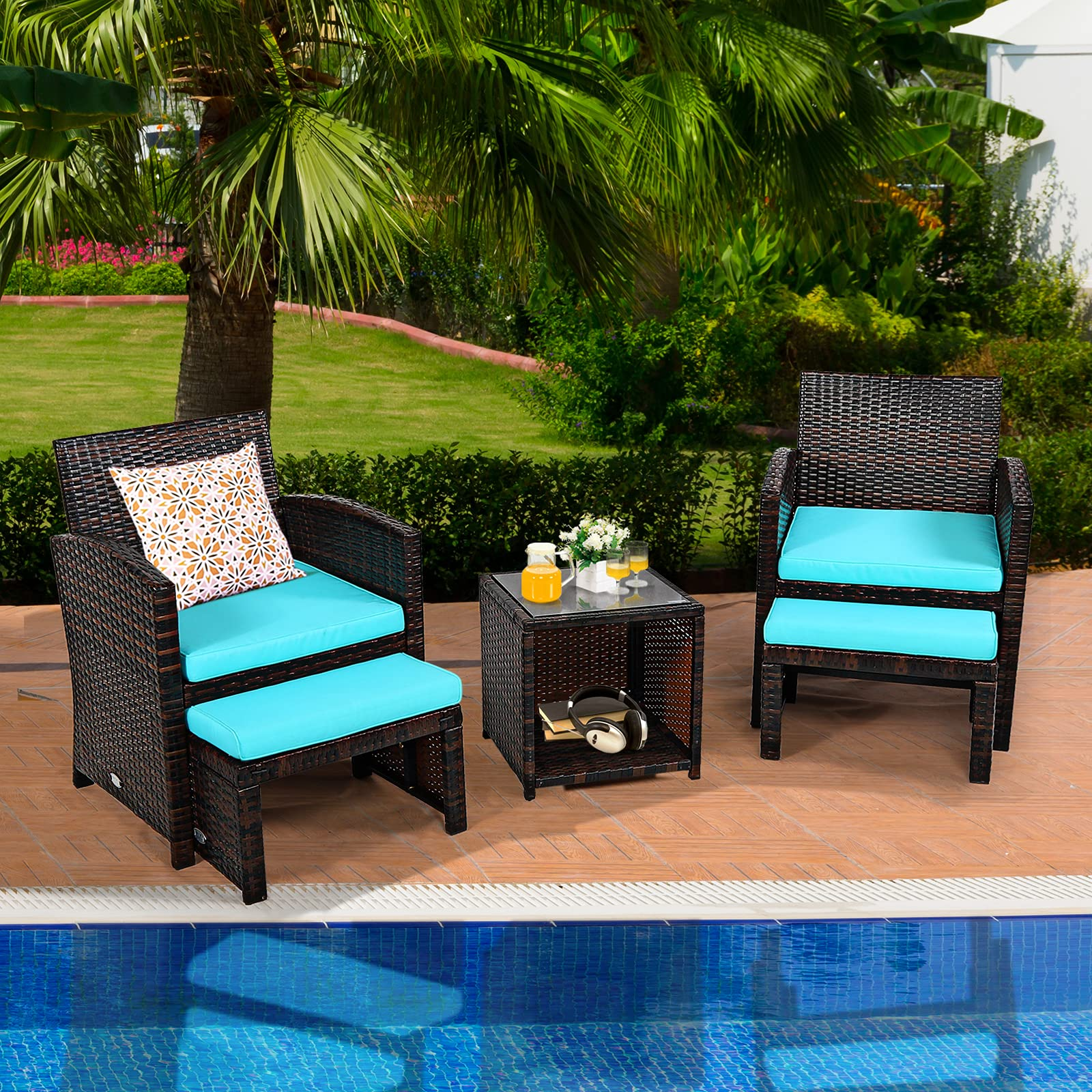 Tangkula 5 Pieces Patio Rattan Furniture Set, Outdoor Conversation Set