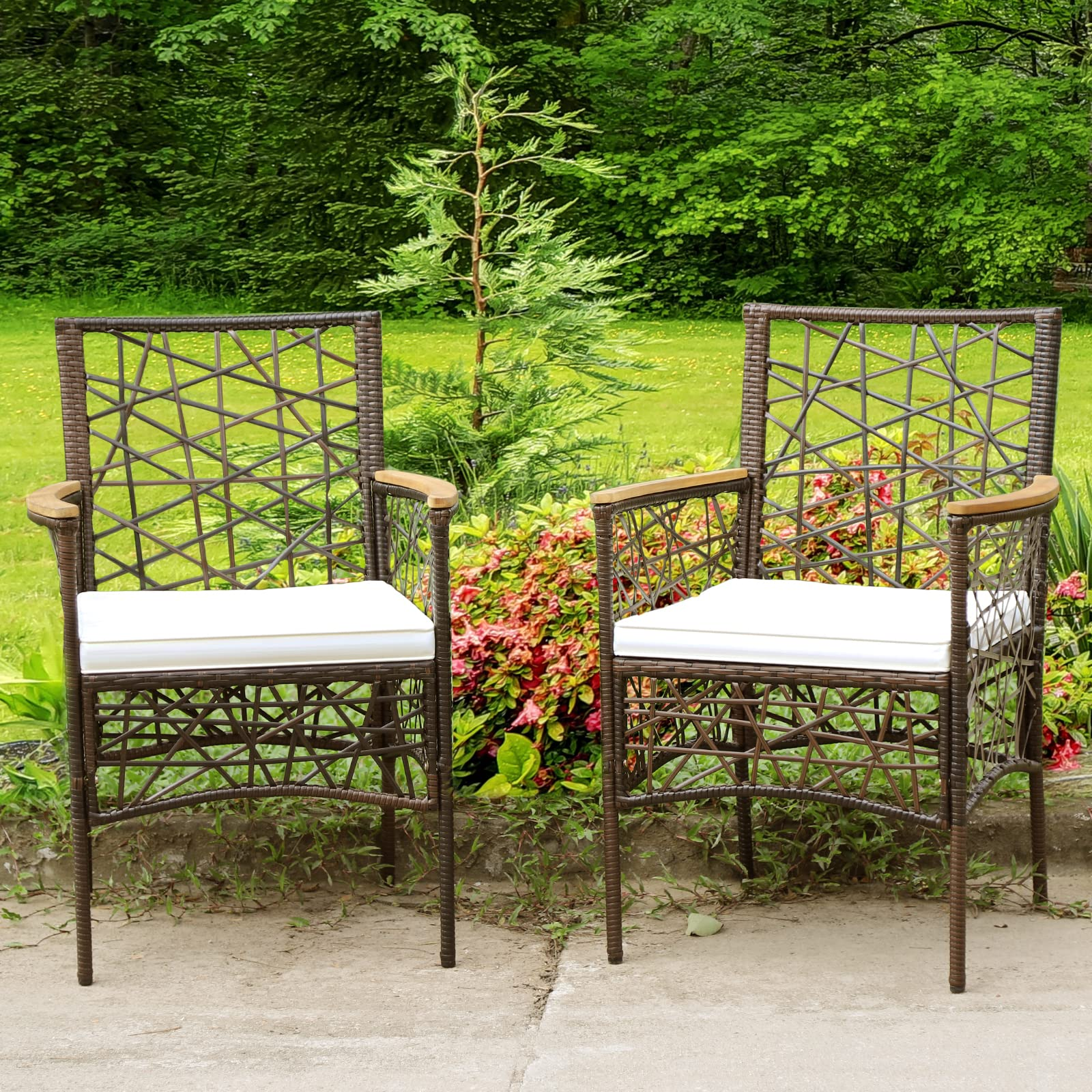 Tangkula Set of 2 Outdoor Dining Chairs, Patio Bistro Chairs with Acacia Wood Armrests and Soft Cushions