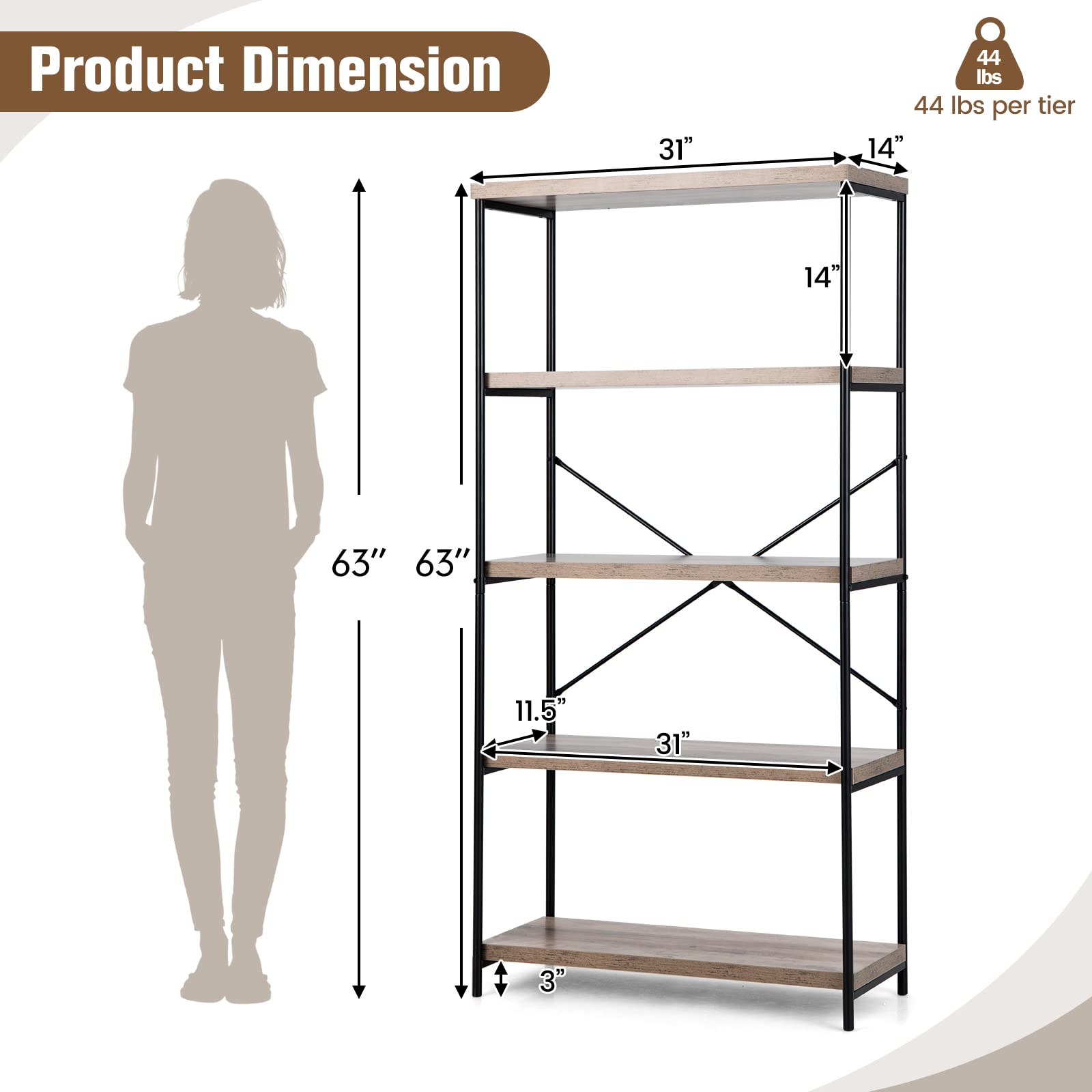 Tangkula 5-Tier Bookcase, Rustic Industrial Bookshelf