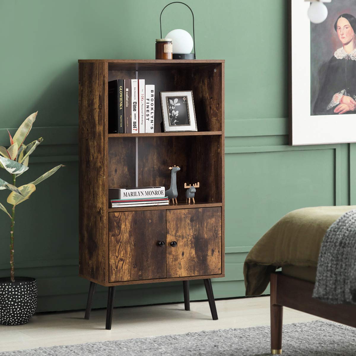 Tangkula Retro Bookcase, Industrial 2 Tier Bookshelf with Doors & Solid Wood Legs(Rustic Brown)