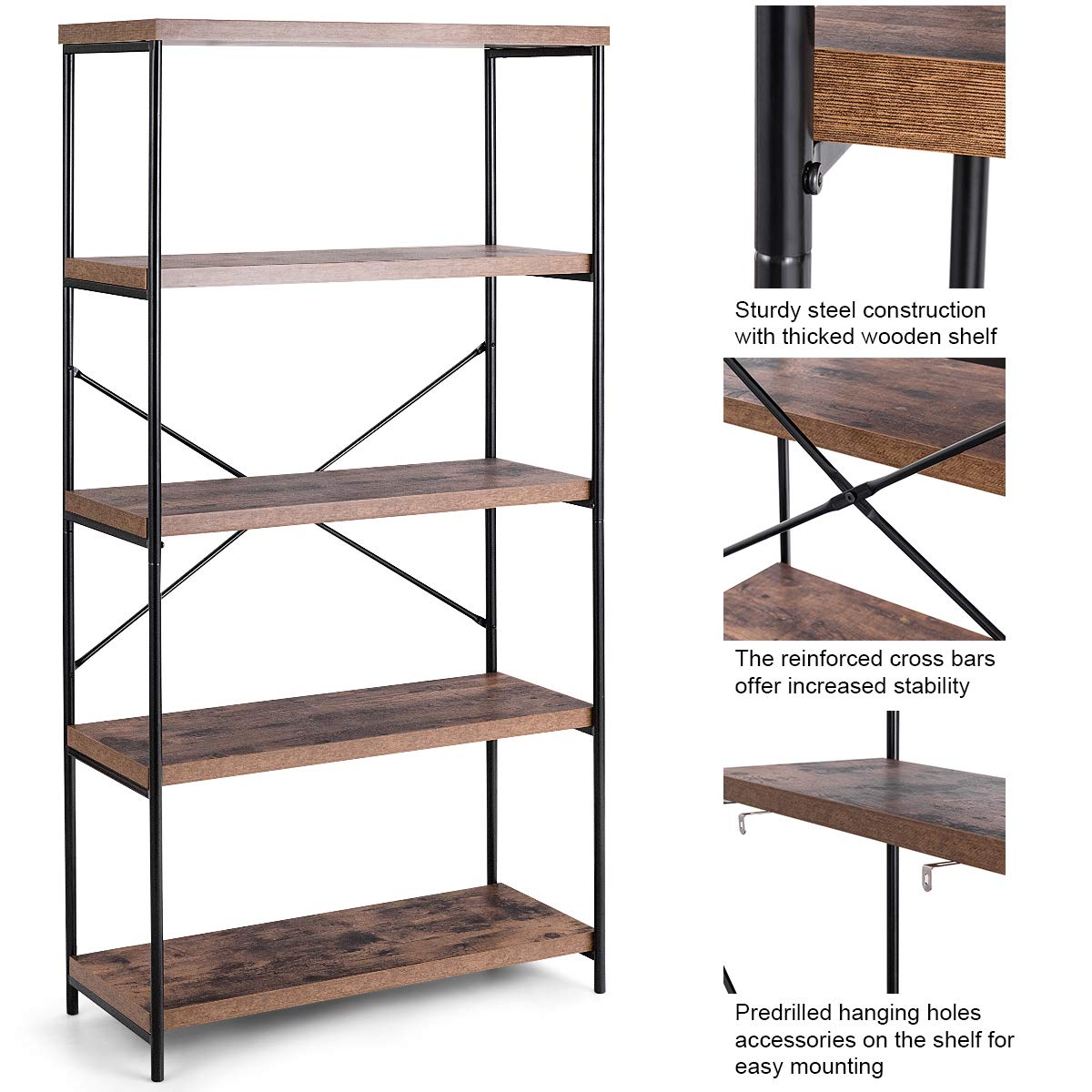 Tangkula 5-Tier Bookcase, Rustic Industrial Bookshelf