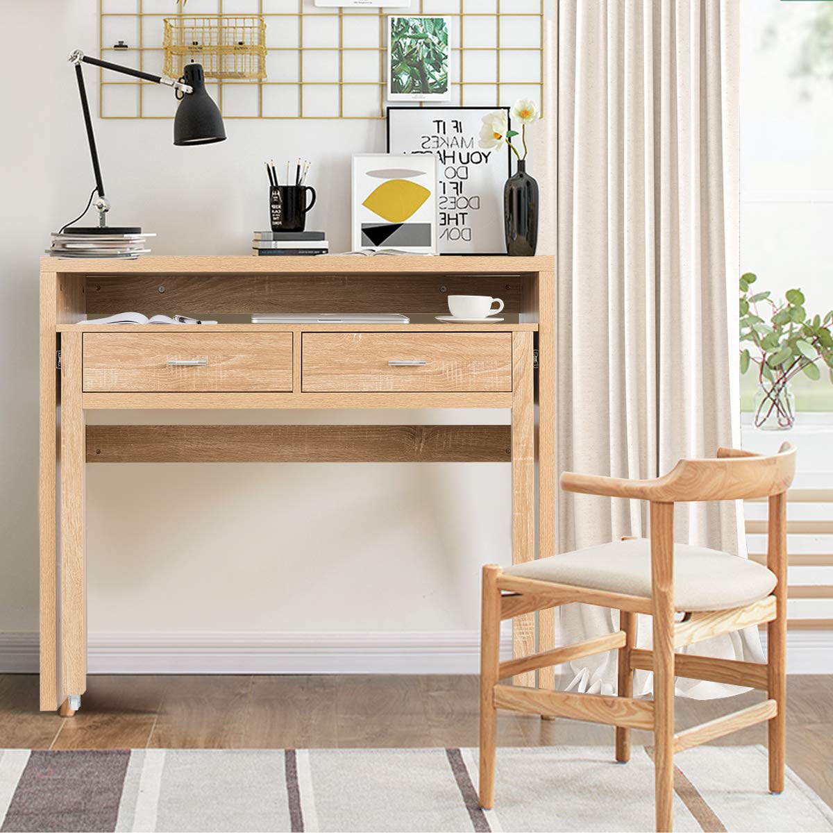 Extendable Computer Desk with 2 Drawers, Small Writing Desk with Pull Out Secondary Desk